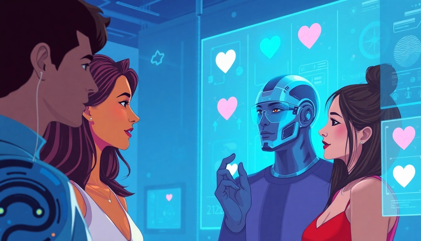 Engaging scene showing diverse interactions between humans and AI avatars representing sex AI technology.