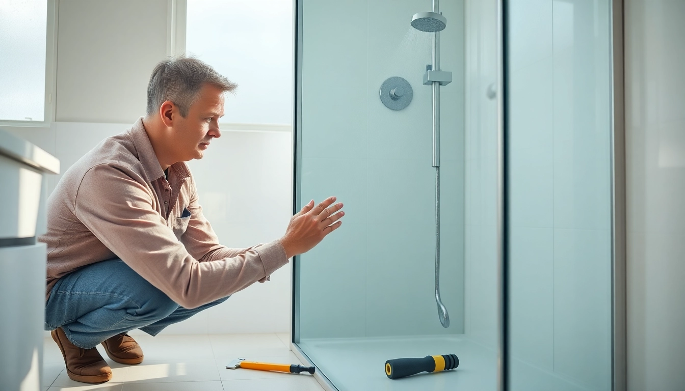 Plumber diagnosing a shower not working in a modern bathroom setting.