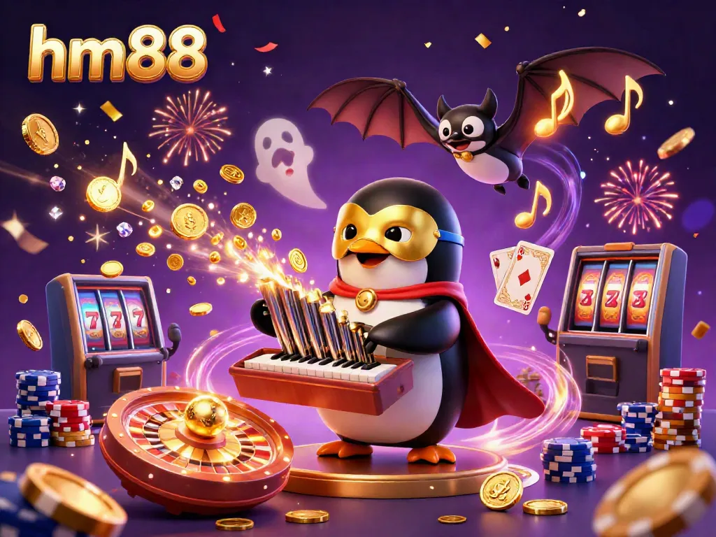 Experience gambling with hm88 through a vibrant 3D illustration of a penguin casino scene.