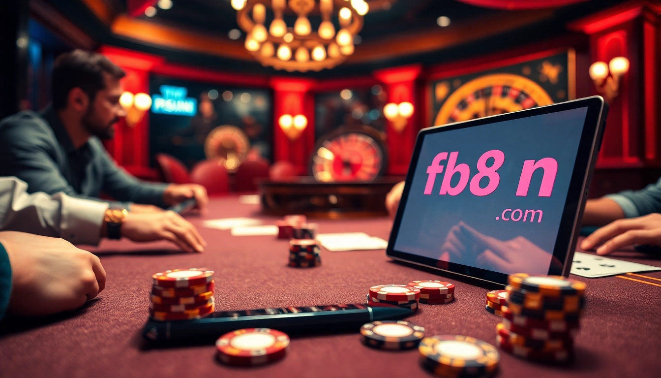fb88nn.com showcases players immersed in a thrilling poker game, surrounded by colorful chips and warm casino ambiance.