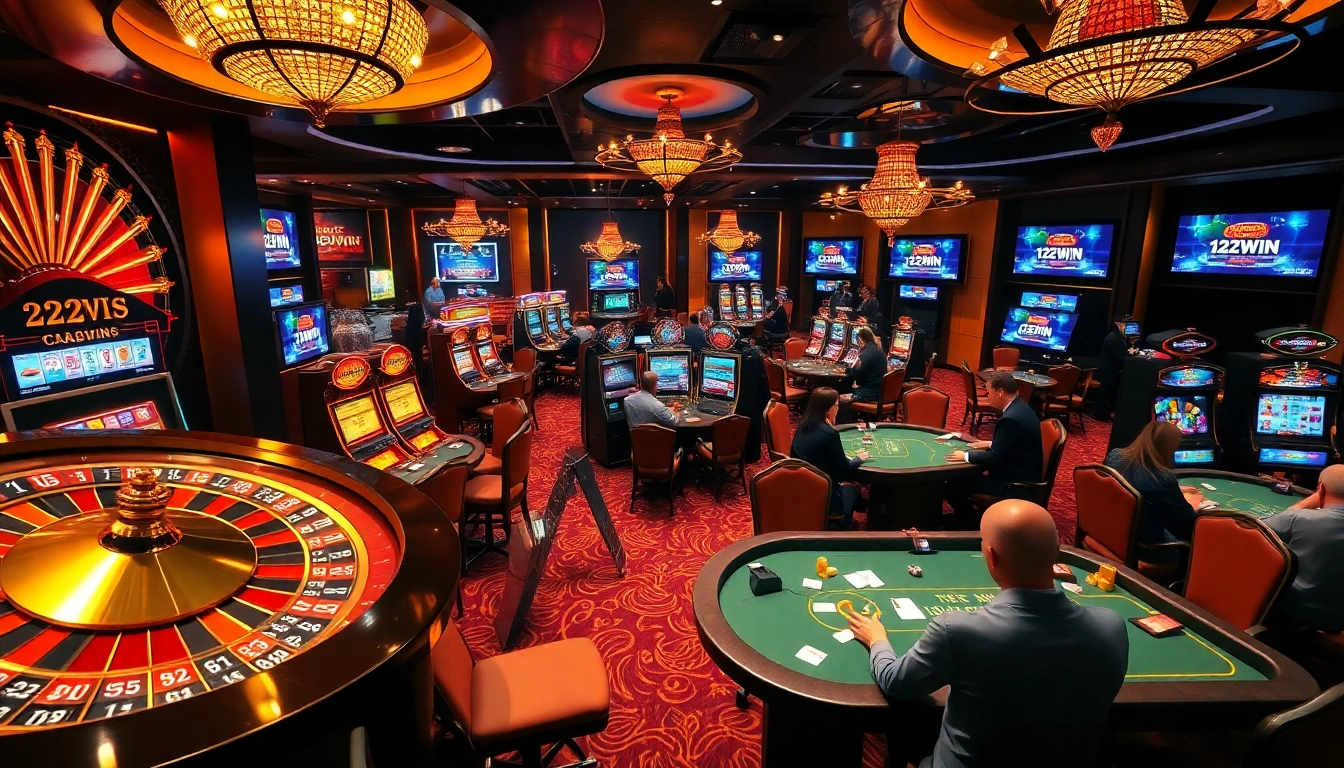 Players enjoying games at a luxurious casino, promoting 123win com for thrilling online gambling.