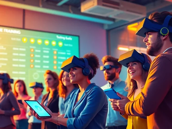 Employees engaging in training gamification in a modern office setting, showcasing interactive digital elements.