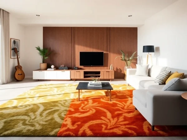 Showcase tappeti moderni Milano featuring vibrant colors and contemporary styles in a stylish living room.
