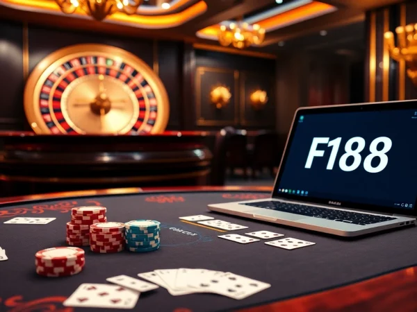 Experience high-stakes play at F168.COM with a vibrant casino scene featuring poker chips and a roulette wheel.