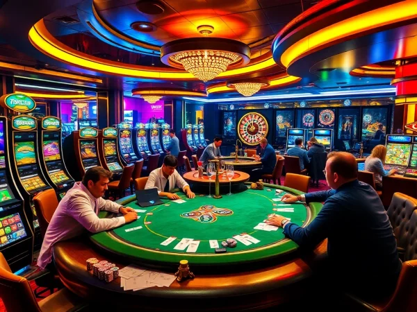 Engaging scene at 789club showcasing bustling casino tables and vibrant slot machines.