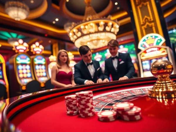 win55 casino players engaging in intense gambling at a roulette table with vibrant slot machines
