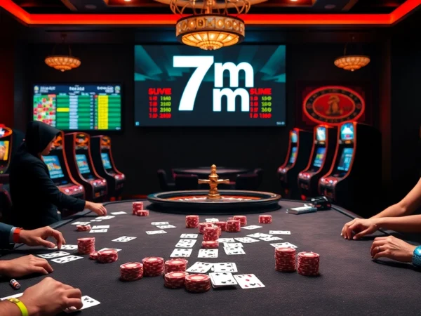 Players enjoying a thrilling poker game at a luxurious casino, featuring live scores on 7m.