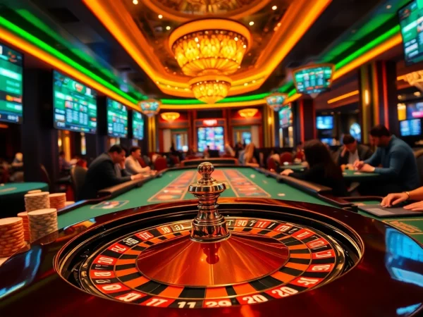 FABET casino table with engaged players and vibrant gaming atmosphere, showcasing excitement.
