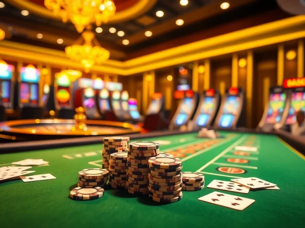 Experience the excitement of VSBET with a vibrant casino scene featuring poker chips and a live baccarat table.