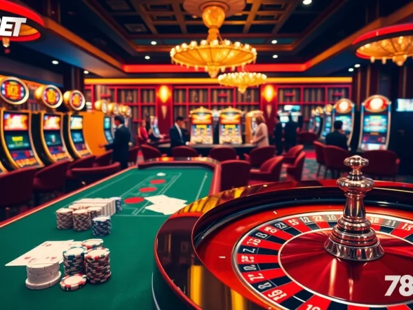 Experience the thrill of gambling at 789BET with a luxurious casino setup featuring live gaming tables and exciting slot machines.