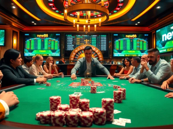Experience thrilling gaming at new88 with an exciting poker table filled with vibrant chips and eager players.