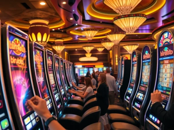 Experience the thrill of birutoto at vibrant slot machines with eager players in a luxurious casino.