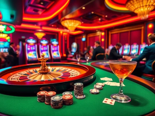 Engaging scene at a luxurious casino table featuring nhà cái usbet, poker chips, and a roulette wheel.