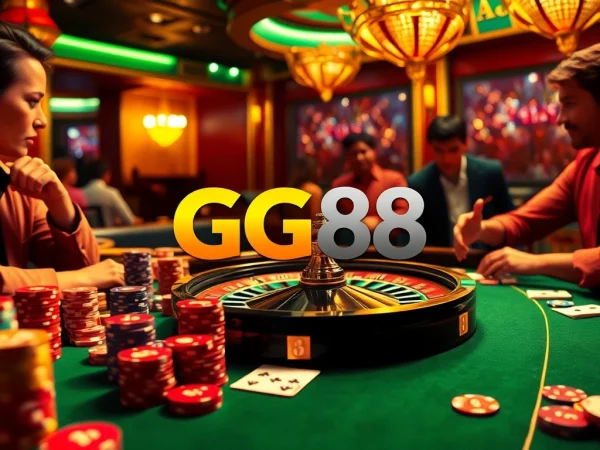 Experience the thrill of high-stakes gaming at GG88, showcasing poker chips, cards, and a roulette wheel.