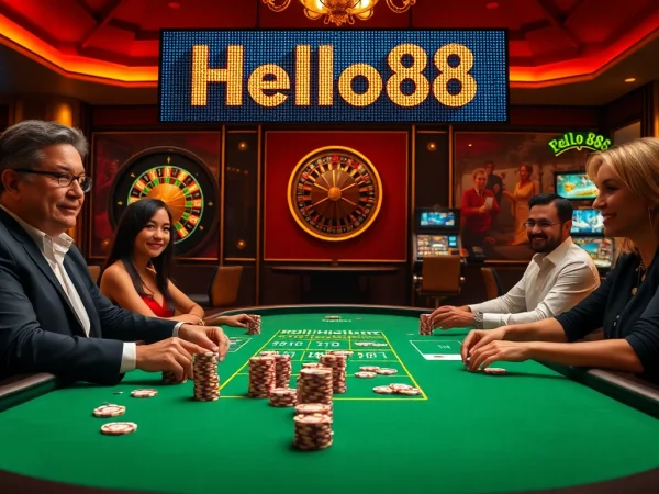 Exciting casino scene featuring poker chips and cards with Hello88 branding in a luxurious atmosphere.