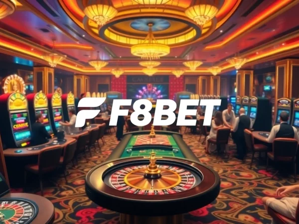 F8BET casino scene featuring vibrant gaming tables and excited players.
