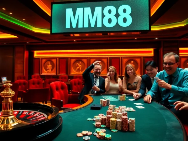 Experience thrilling gameplay at MM88 with vibrant casino elements and excited gamblers.