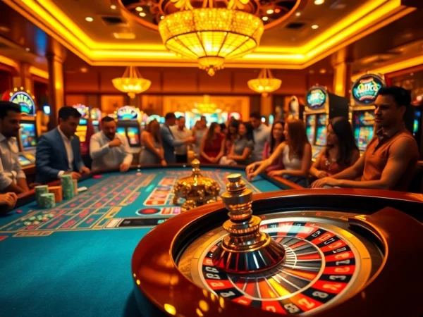 Experience the thrill of gambling at KJC with vibrant casino visuals featuring roulette wheels and poker chips.