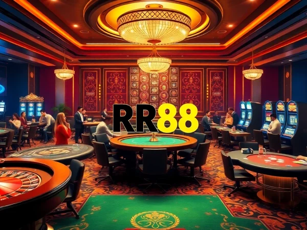 RR88 logo shines among exciting casino tables and slot machines, showcasing vibrant gambling activity.