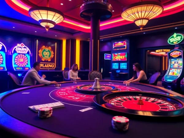 Experience the excitement at Trang Chủ QQ88 with a vibrant casino scene featuring live poker gaming and neon slot machines.