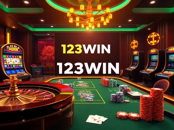 A thrilling online gambling scene featuring 123WIN with vibrant casino elements like poker chips and a roulette wheel.