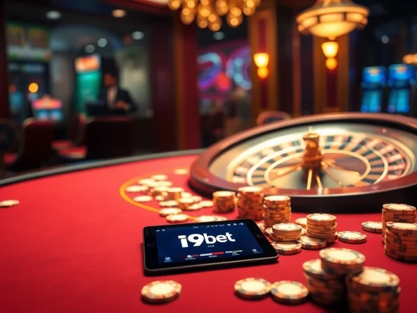 Engage in thrilling gameplay at i9bet with vibrant casino elements including poker chips, roulette wheel, and online betting.