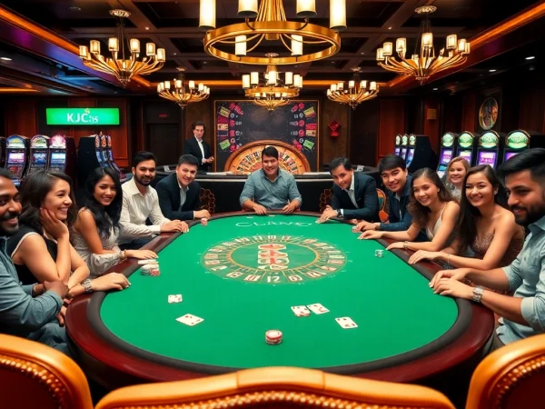KJC casino players celebrate their winning moments around a luxurious poker table.
