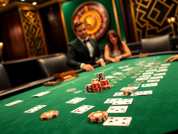 Engaging players enjoying a high-stakes game at BJ 888 blackjack table illuminated in an elegant casino atmosphere.
