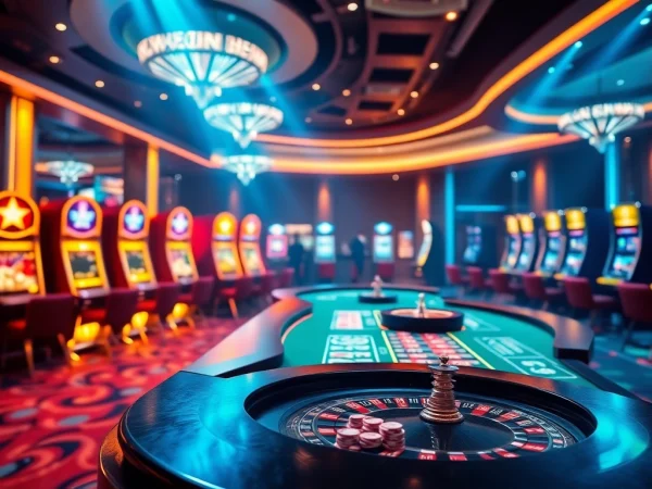 Experience the excitement of trang chủ rr88 with a luxurious online casino scene showcasing dynamic gaming tables and vibrant slot machines.