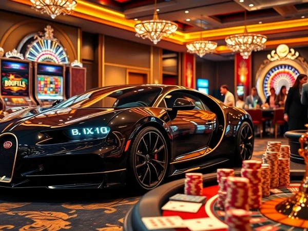 A thrilling casino experience with Bugatti8 enhancing the high-stakes atmosphere featuring poker chips and roulette wheel.