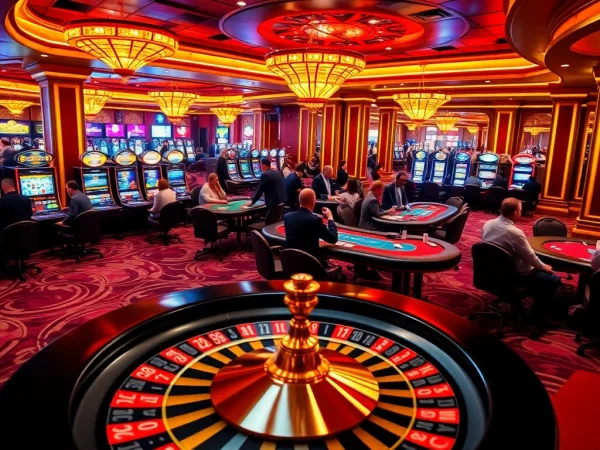 Players engaging in strategic gameplay at 12bet casino tables surrounded by vibrant slot machines.