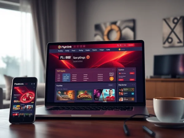 Dynamic modern betting interface with fly88 link displayed on a sleek laptop in a stylish home office.