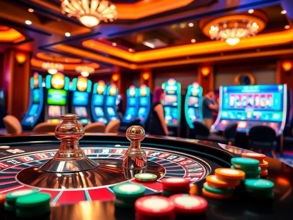 Experience rr88 with a vibrant casino scene showcasing roulette, slots, and poker excitement.