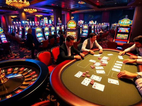 Players reveling in a high-stakes poker game at 777VIP casino, showcasing vibrant chips and cards.