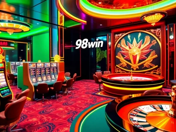 Exciting online gambling action featuring 98win with vibrant slot machines and casino tables.