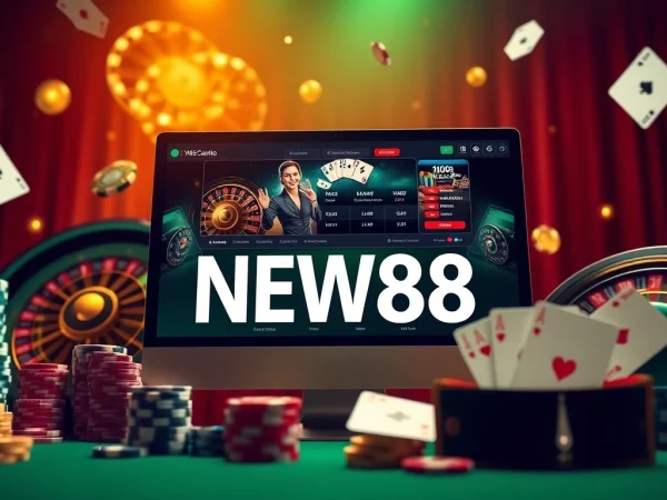 Engaging gambling scene with NEW88 branding featuring casino elements like chips and roulette.