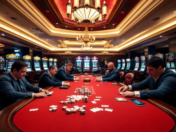 Players engaged in an intense poker game at a luxurious casino table featuring s8 bet gaming.