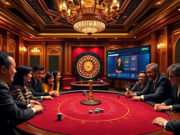 Players enjoying a thrilling game at 789win.com, surrounded by vibrant casino elements.