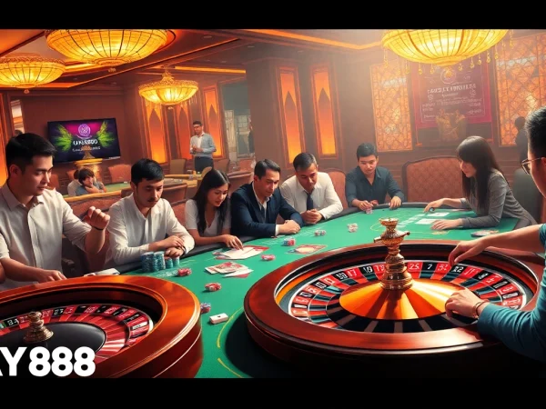 Experience thrilling gameplay at SAY88 with luxurious casino tables, chips, and excited players.