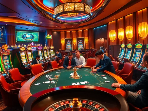 Players strategizing their next move at the GG88 gambling table, showcasing poker chips and vibrant casino lights.