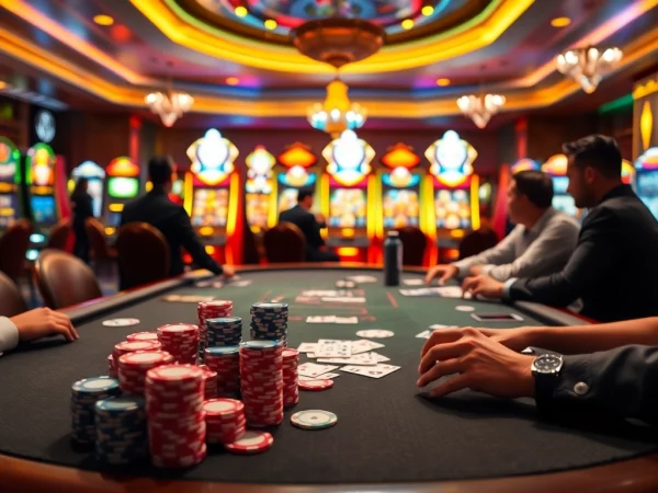 Experience the excitement of gambling at link 88i with players engaging in poker games surrounded by vibrant casino lights.