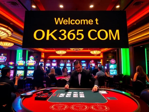 Experience high-stakes action at OK365 COM with a professional dealer at a luxurious casino table.
