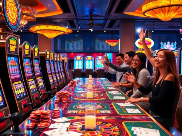 A group of excited players enjoying a nổ hũ game at a busy casino, celebrating their wins amid vibrant slot machines.