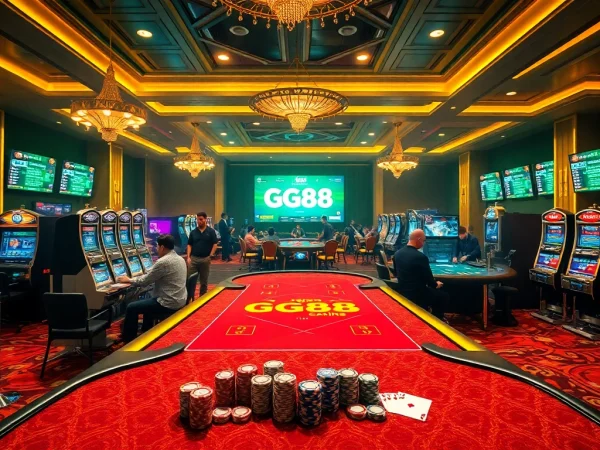 GG88 gaming table with vibrant poker chips and active players enjoying thrilling casino games.
