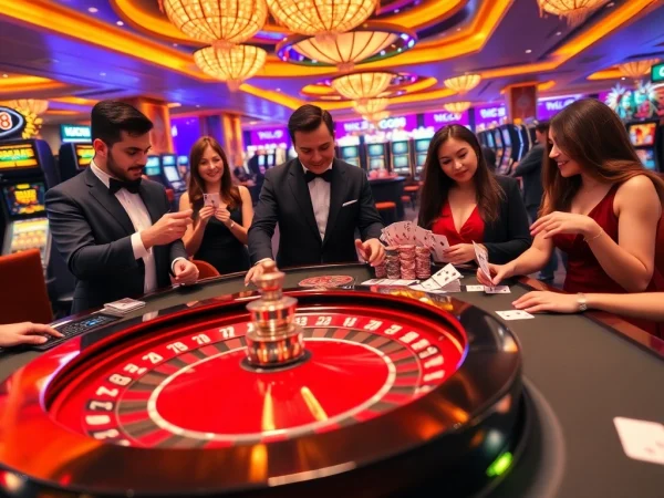 Players engage with GG88 live dealer games at a luxurious casino table, celebrating wins.