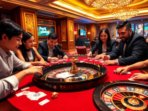 Gamers strategizing in a vibrant game bài scene at a luxurious casino table.