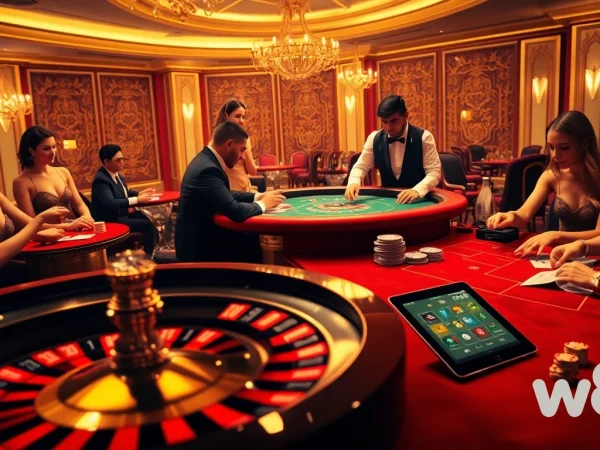 Players enjoying high-stakes games at a luxurious casino while W88 branding adds excitement.