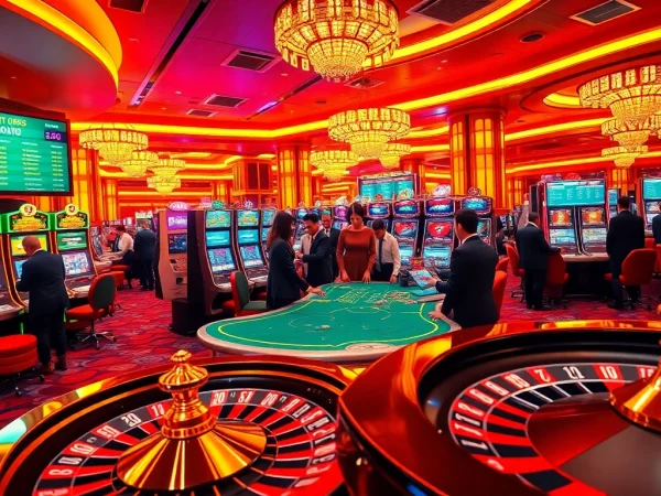 Engaging patrons try their luck at nhà cái xin88 in a luxury casino setting with vibrant games.
