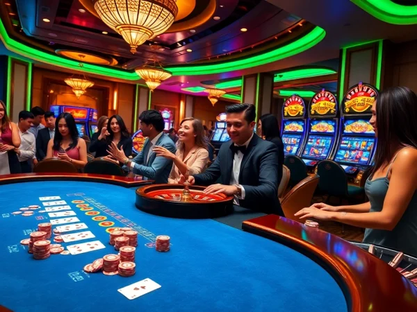 Sx88 casino vibrant scene with players at a blackjack table and roulette wheel, showcasing excitement.