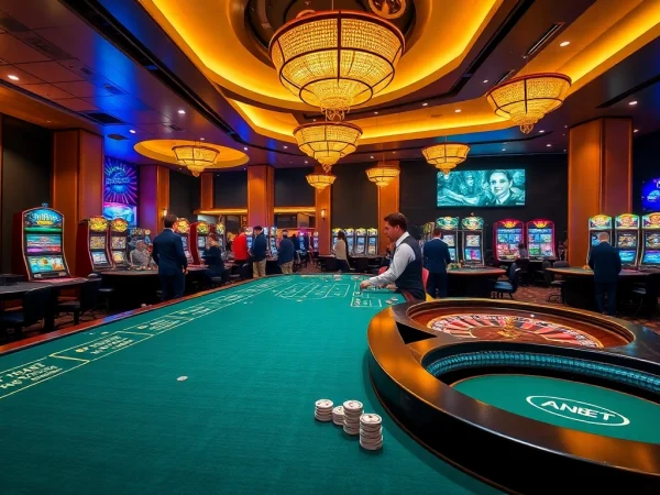 Exciting gambling scene at https://thabethome.com/ featuring live tables and vibrant slot machines.